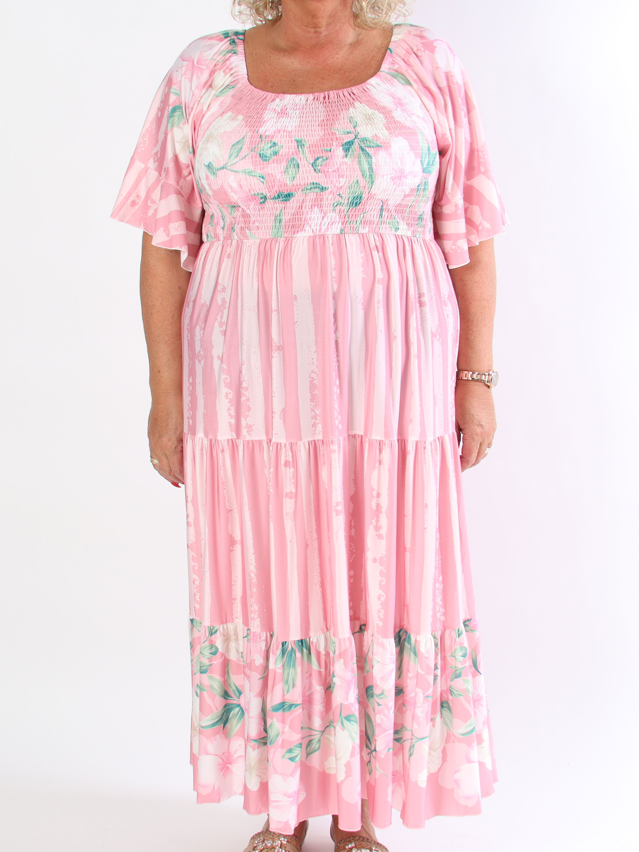 Elna Floral Stripe - Sød elastisk plus size kjole med smock over brystet